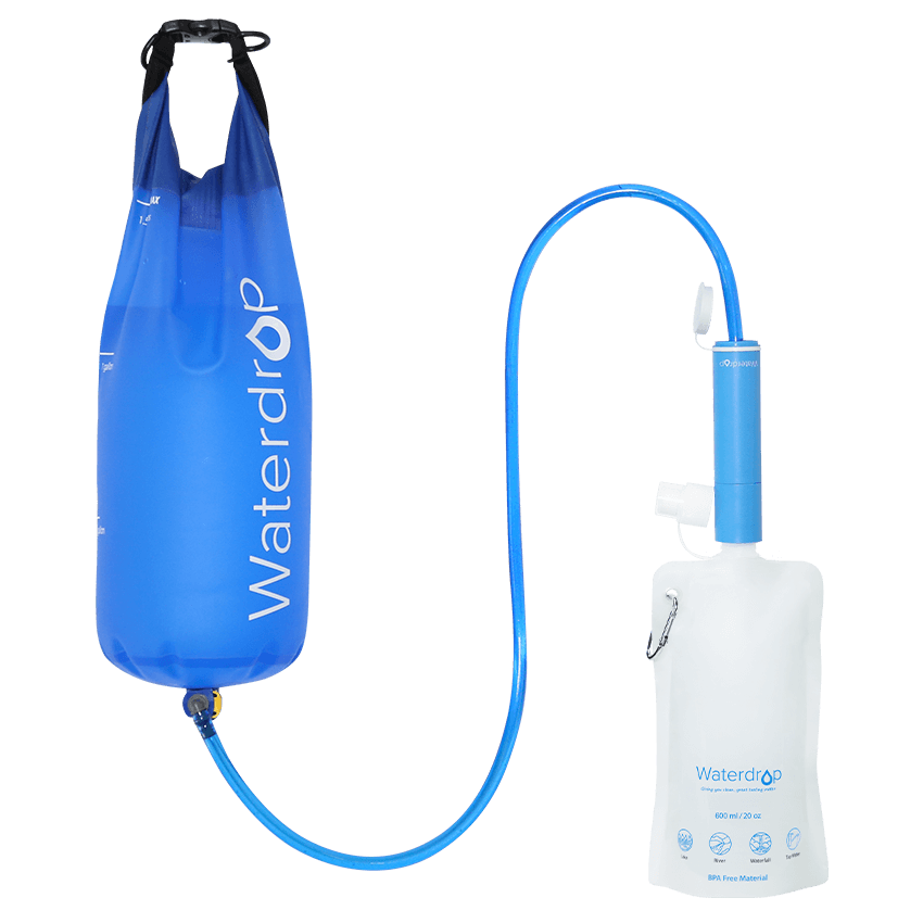 Tragbarer Wasserfilter-Strohhalm von Waterdrop mit zusammenklappbarer Wasserflasche und Schwerkraft-Wassertasche